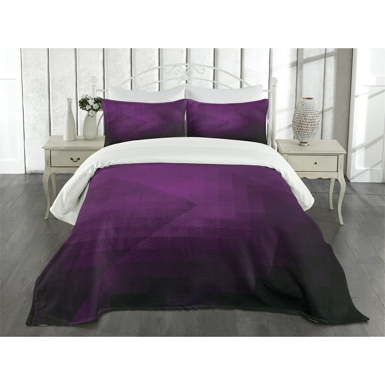 Eggplant Bedspread Set King Size Abstract Purple Squares in Faded Color Scheme with Modern Art Inspired Style Pixelart Quilted 3 Piece Decor
