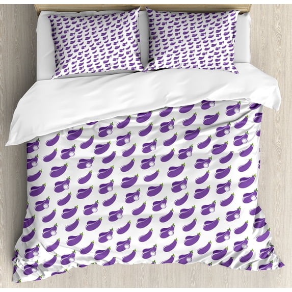 Eggplant Duvet Cover Set, Farming Aubergine Slices Market Fresh Raw Healthy Products Harvest Design, Decorative 3 Piece Bedding Set with 2 Pillow Shams, Queen Size, Violet Green White, by Ambesonne