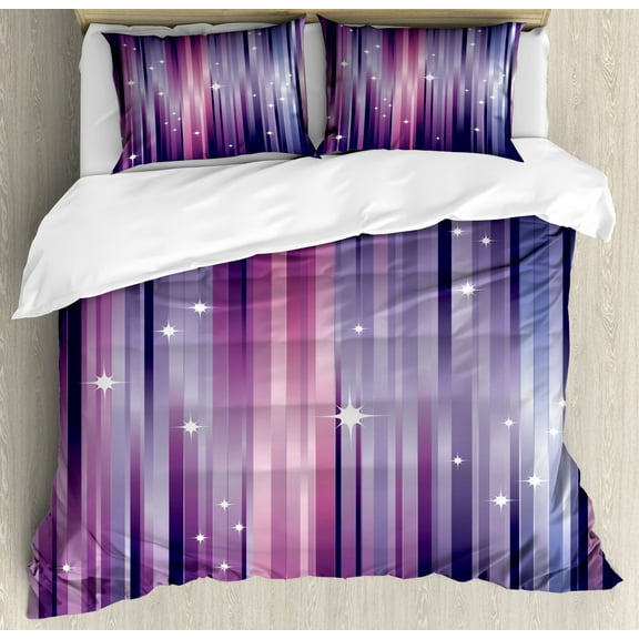 Eggplant Duvet Cover Set King Size, Abstract Colourful Beams Backdrop with White Stars Space Inspired Purple Lines, Decorative 3 Piece Bedding Set with 2 Pillow Shams, Multicolor, by Ambesonne