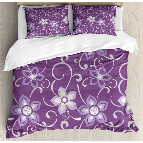 Eggplant Duvet Cover Set, Lilacs with Leaves Sticking out of Them in Soothing Purple Background, Decorative 3 Piece Bedding Set with 2 Pillow Shams, Queen Size, Purple White, by Ambesonne