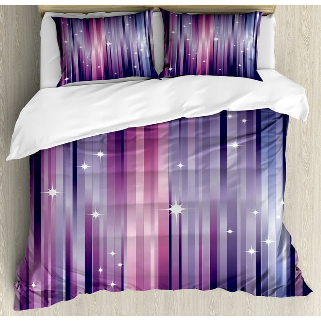 Eggplant Duvet Cover Set Queen Size, Abstract Colourful Beams Backdrop with White Stars Space Inspired Purple Lines, Decorative 3 Piece Bedding Set with 2 Pillow Shams, Multicolor, by Ambesonne