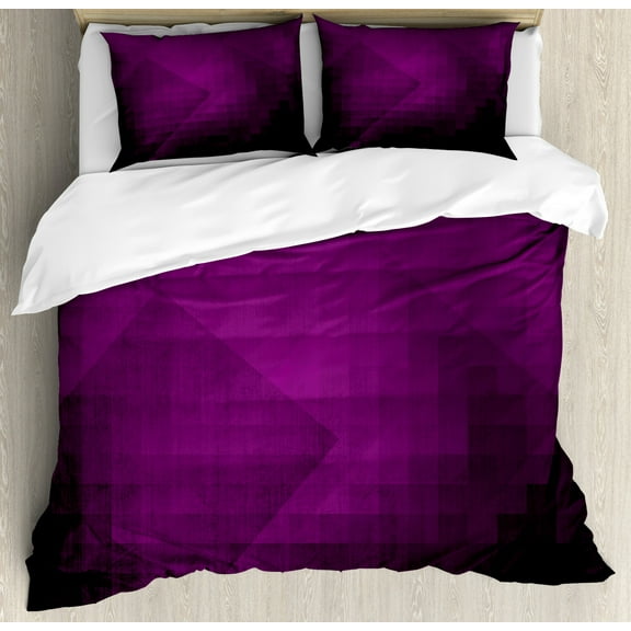 Eggplant Duvet Cover Set Queen Size, Abstract Purple Squares in Faded Color Scheme with Modern Art Inspired Style Pixelart, Decorative 3 Piece Bedding Set with 2 Pillow Shams, Purple, by Ambesonne