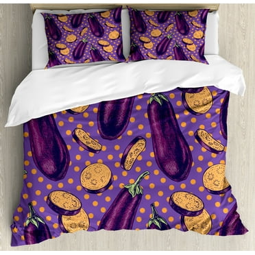 Eggplant Duvet Cover Set, Realistic Looking Eggplants with Eighties Inspired and Dotted Purple Background, Decorative 3 Piece Bedding Set with 2 Pillow Shams, Calking Size, Purple Orange, by Ambesonne