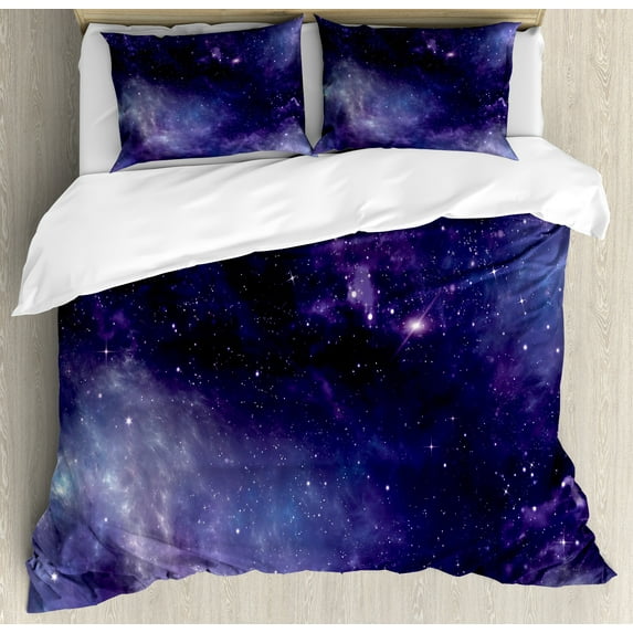 Eggplant Duvet Cover Set, Sky with the Open Space Star Constellations and Gloomy Atmosphere Heavenly Bodies, Decorative 3 Piece Bedding Set with 2 Pillow Shams, King Size, Indigo, by Ambesonne