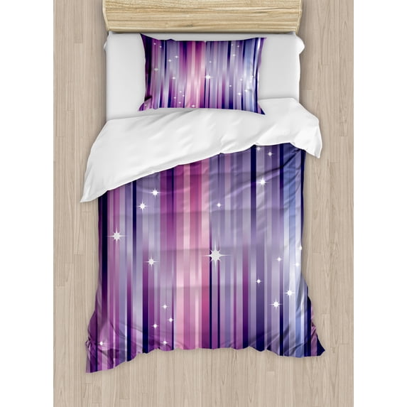 Eggplant Duvet Cover Set Twin Size, Abstract Colourful Beams Backdrop with White Stars Space Inspired Purple Lines, Decorative 2 Piece Bedding Set with 1 Pillow Sham, Multicolor, by Ambesonne