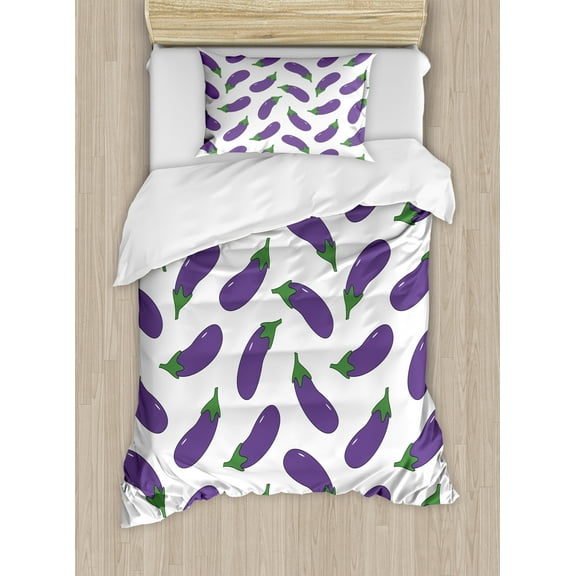Eggplant Duvet Cover Set, Yummy and Funny Eggplants Friendly Drawing Nutritious Meals Vegan Natural, Decorative 2 Piece Bedding Set with 1 Pillow Shams, Twin Size, Violet White, by Ambesonne