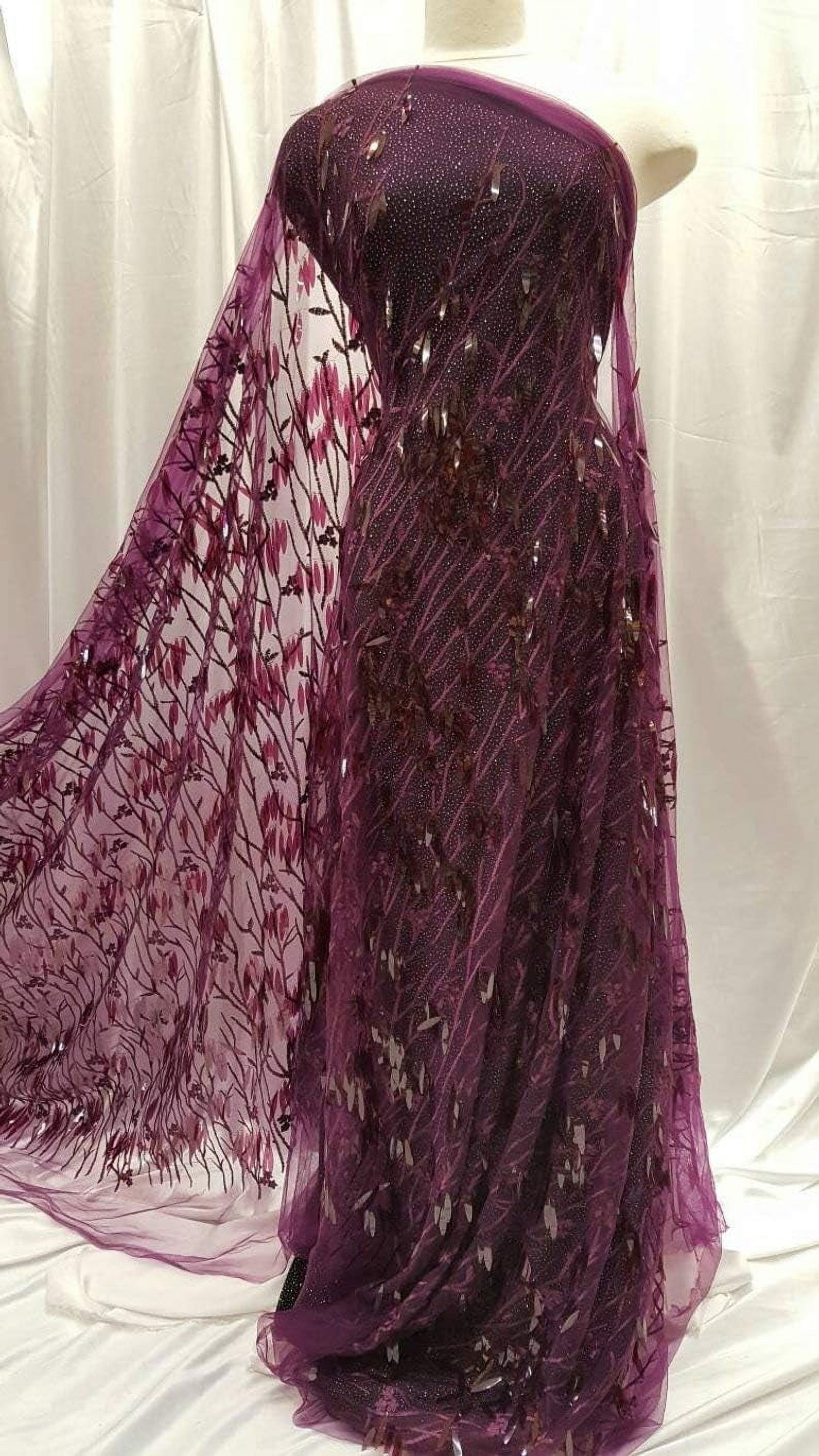 Eggplant Lace Embroidered Flowers Floral 3D Sequin Paillette On Mesh ...