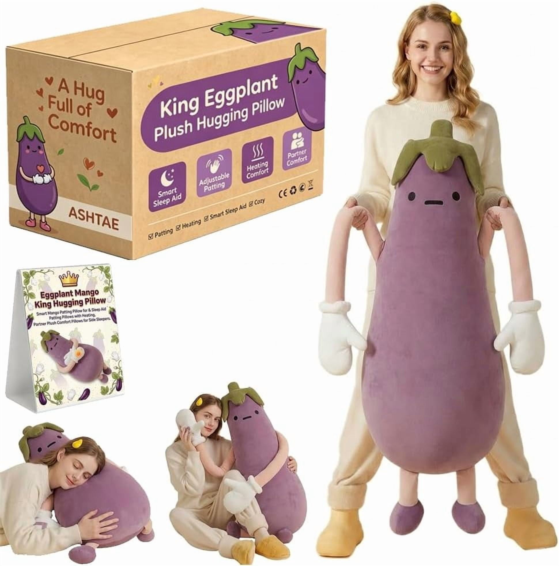 Eggplant Mango Shaped Plush Hugging Pillow Patting Pillow Hugging and Tapping Throw Pillows with Bluetooth Recording and Heating for Adult Side Sleepers(Mango Basic,L 40.16in)