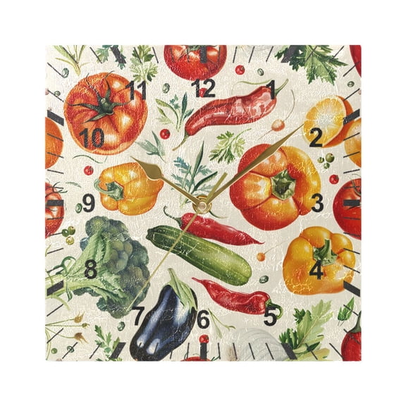 Eggplant Pepper Tomato Broccoli Wall Clock Battery Operated Silent Non-Ticking Bedroom Office Kitchen Home School Decor 7.8"(Gold)