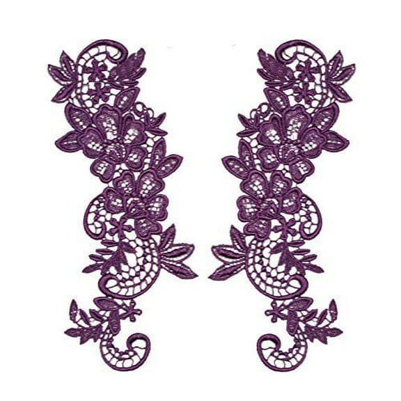 Eggplant Purple 2.75"x8" Pair of Floral Venice Lace Applique Embroidered Bridal Guipure Patch Motif (2 Pieces)