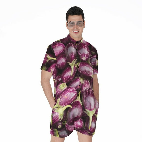 Eggplant Short Sleeve Men'S Rompers Casual Summer Jumpsuits Outfit