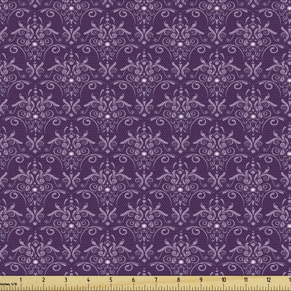 Eggplant Sofa Upholstery Fabric by the Yard, Damask Pattern with Symmetrical Abstract Leaves Swirls Forming Unified Look, Decorative Fabric for DIY & Home Accents, 1 Yard, Purple Lilac by Ambesonne