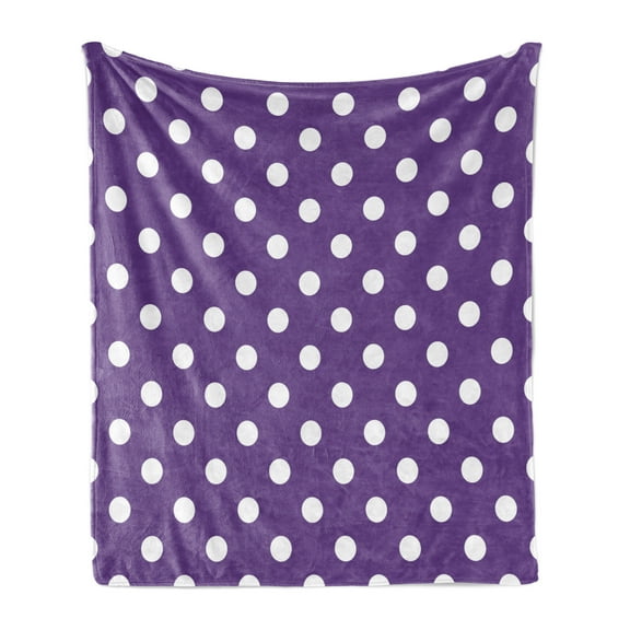 Eggplant Soft Flannel Fleece Blanket, Polish White Orderly Polka Dots and Purple Background with Traditional Pattern, Cozy Plush for Indoor and Outdoor Use, 50" x 70", Purple White, by Ambesonne