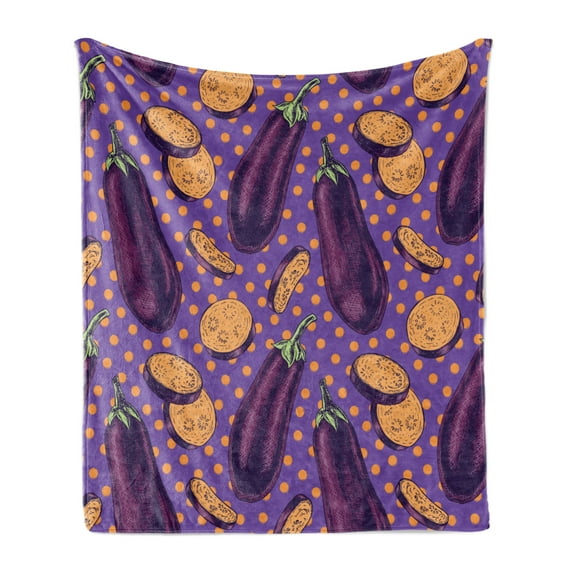 Eggplant Soft Flannel Fleece Blanket, Realistic Looking Eggplants with Eighties Inspired and Dotted Purple Background, Cozy Plush for Indoor and Outdoor Use, 60" x 80", Purple Orange, by Ambesonne