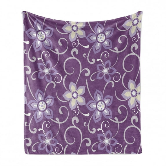 Eggplant Soft Flannel Fleece Throw Blanket, Lilacs with Leaves Sticking out of Them in Soothing Purple Background, Cozy Plush for Indoor and Outdoor Use, 50" x 60", Purple White, by Ambesonne