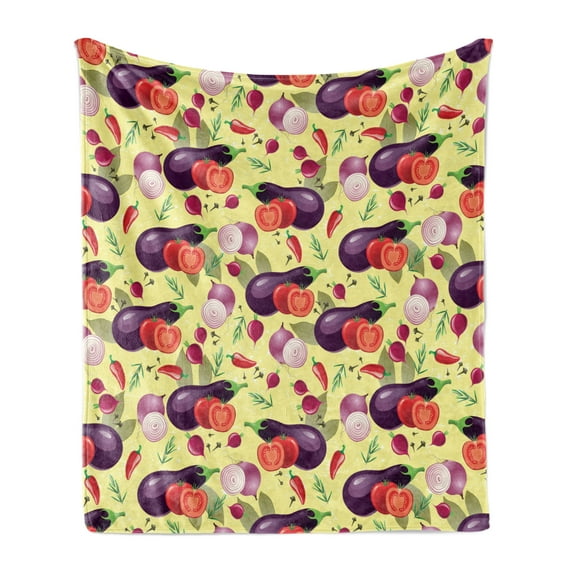 Eggplant Soft Flannel Fleece Throw Blanket, Eggplant Tomato Relish Onion Going Green Eating Organic Tasty Preserve Nature, Cozy Plush for Indoor and Outdoor Use, 70" x 90", Multicolor, by Ambesonne