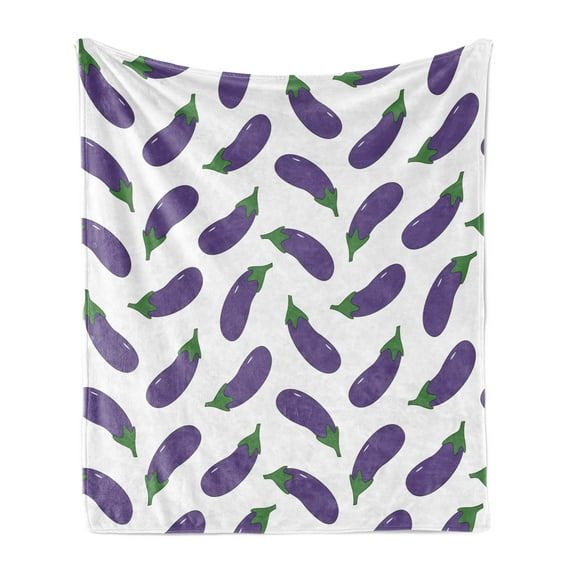 Eggplant Soft Flannel Fleece Throw Blanket, Yummy and Funny Eggplants Kid Friendly Drawing Nutritious Meals Vegan Natural, Cozy Plush for Indoor and Outdoor Use, 70" x 90", Violet White, by Ambesonne