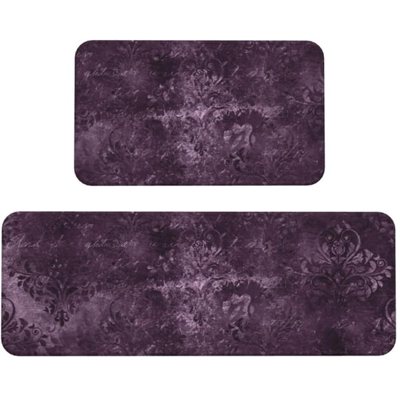 Eggplant Velvet Damask Plum Purple Floral Kitchen Mats Set of 2, Home Decor Kitchen Rugs for Floor - 17x29 and 17x47 Inch