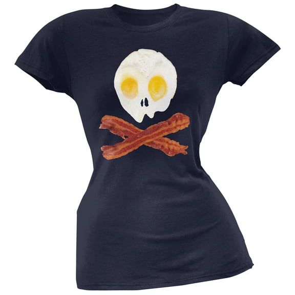 Eggs And Bacon Skull And Cross Bones Navy Soft Juniors T-Shirt - Medium