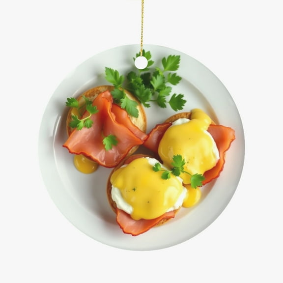 Eggs Benedict, Hollondaise Sauce, English Muffins Breakfast Cuisine Food Themed Double Sided Ceramic Foodie Novelty Holiday Christmas Xmas Ornament Gift (Flat Printed Design, NOT 3D)