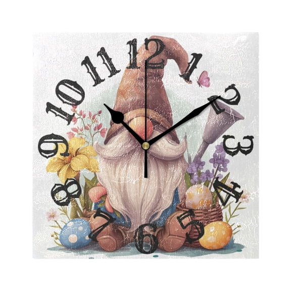 Eggs Flowers Gnome Wall Clock Square Silent Non Ticking Battery Operated Clock for Home Bathroom Kitchen Bedroom Living Room