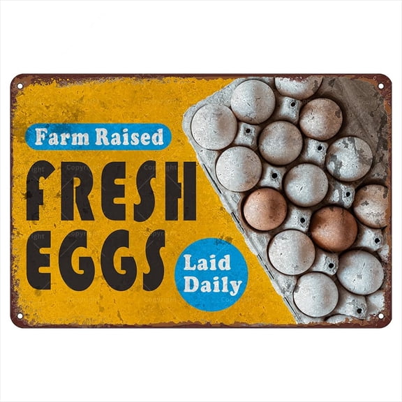 Eggs Metal Tin Sign, 12" X 8" - Fresh Eggs Laid Daily Vintage Sign, Retro Wall Art Decor, Farm Raised Eggs for Indoor Outdoor Use Metal Poster For Farm And Chicken Coop, Gift For Farmers.