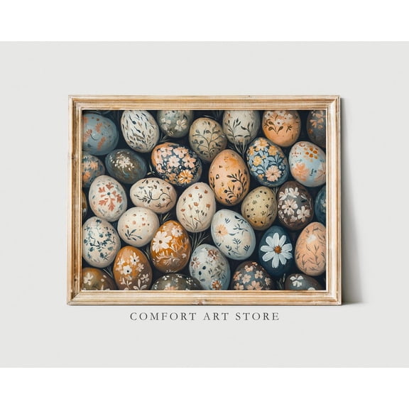 Eggs Pattern Wall Art Print, Floral Spring Scene And Vintage Farmhouse Decor