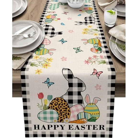 Eggs Rabbit Black and White Buffalo Plaid Easter Linen Table Runner Dresser Scarf Coffee Table Decor for Home Dining Party Decor