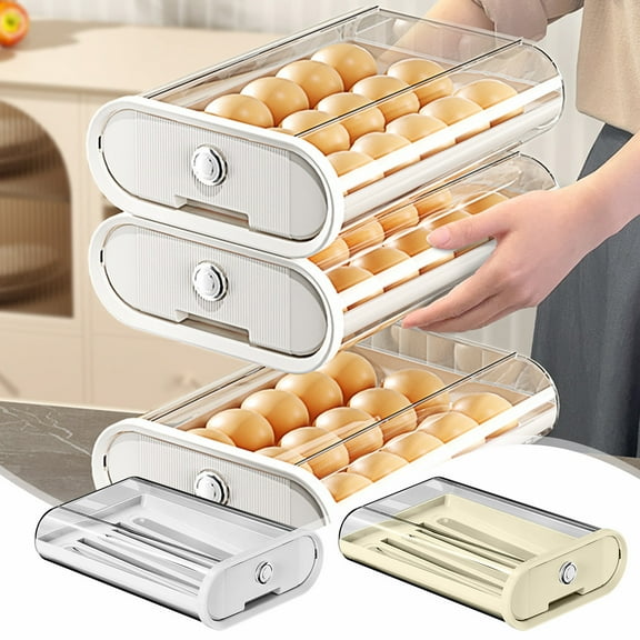 Eggs Storage Container for Refrigerator | Rolling Drawer Design, Clear Visible Plastic | Large Capacity Egg Rack Space Saving | 28x20.5x8cm | 1 Pack