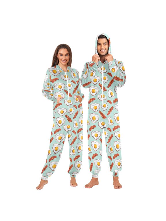 Eggs and Bacon Pattern Adult Onesie Pajamas for Men and Women Ultra Soft One Piece Loungewear Medium