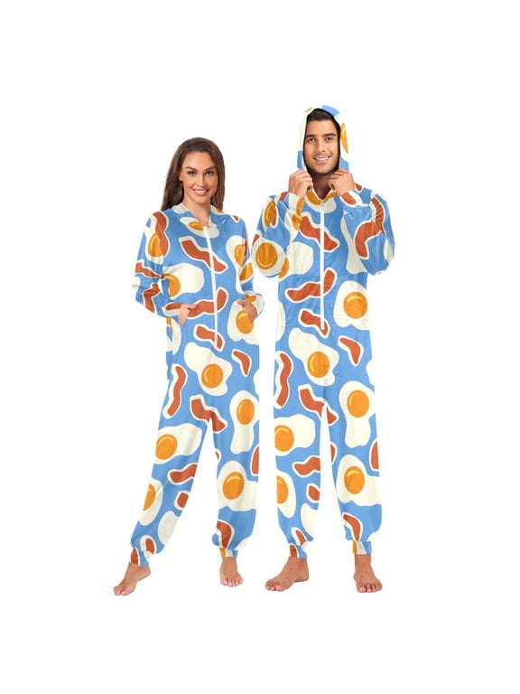 Eggs and Bacon Pattern Adult Onesie Pajamas for Men and Women Ultra Soft One Piece Loungewear X-Large