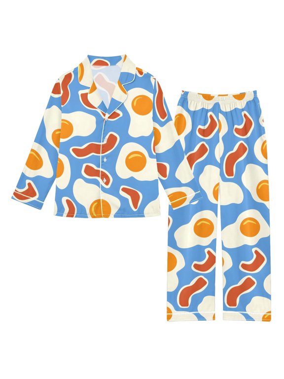Eggs and Bacon Pattern Satin Pajama Set Soft Breathable Button Down 2 Piece Pjs Sleepwear Lounge Daily Large