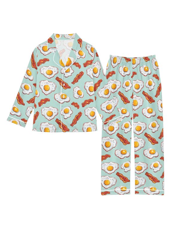 Eggs and Bacon Pattern Satin Pajama Set Soft Breathable Button Down 2 Piece Pjs Sleepwear Lounge Daily Small