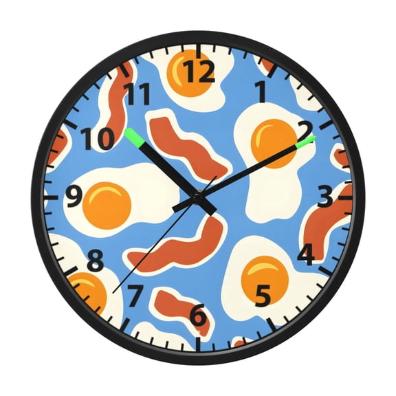 Eggs and Bacon Pattern Wall Clock 12 Inch Voice Activated Night Light Silent Non Ticking