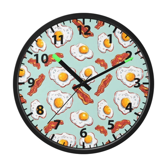 Eggs and Bacon Pattern Wall Clock 12 Inch Voice Activated Night Light Silent Non Ticking