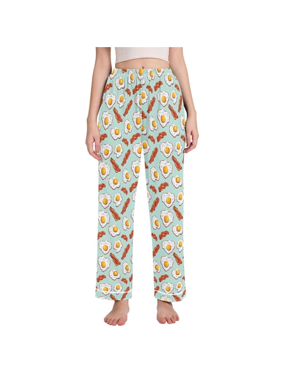 Eggs and Bacon Pattern Women's Pajama Pants Straight Leg Sleep Bottoms with Pockets Contrast Trim Lounge Pants for Women X-Large