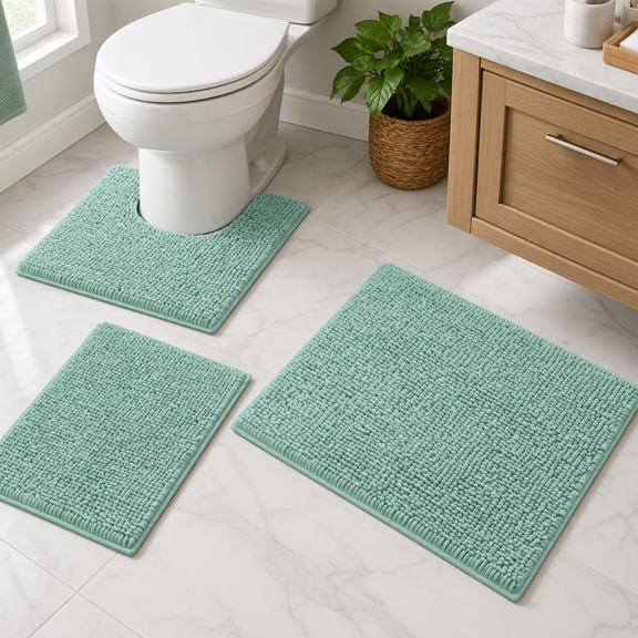Eggshell Blue 17"x24"+20"x32"+U Shape 20"x24" 3-Piece Chenille Bathroom Rug Set