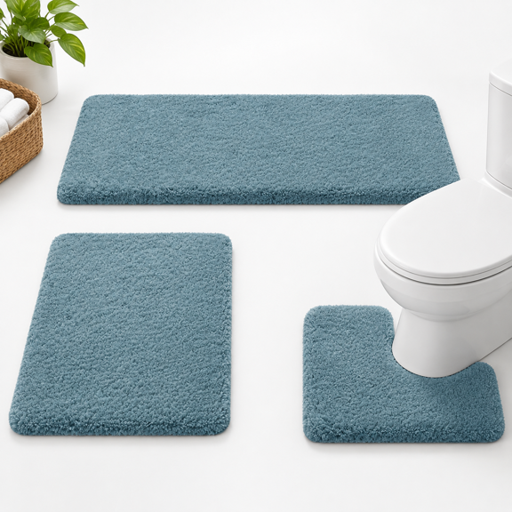 Eggshell Blue 24"x17"+48"x20"+U-Shape 24"x20" Microfiber Thick 3 Piece Bathroom Rug Set