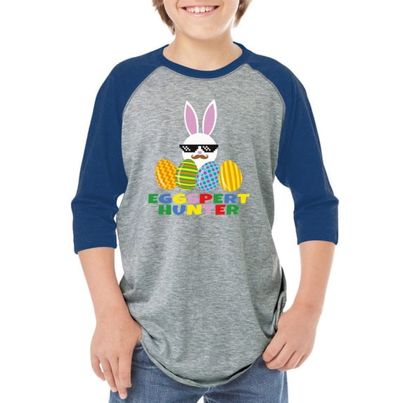 Eggspert Hunter Bunny Graphic Youth Raglan - Happy Easter Day Tshirt for Kids - Christian Shirt Gifts