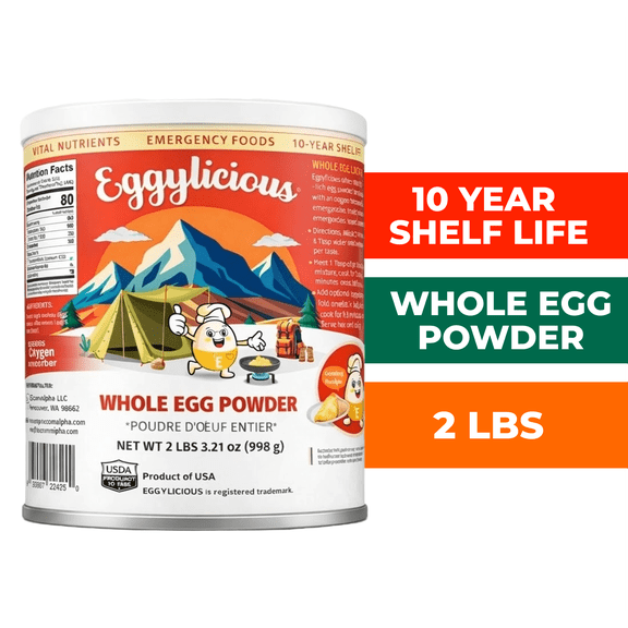 Eggylicious 10 Year Shelf Life Whole Egg Powder  2 lbs Dehydrated Powdered Eggs for Emergency Food Supply, Camping, Baking & Breakfast | Instant Eggs for High Protein Keto Meal