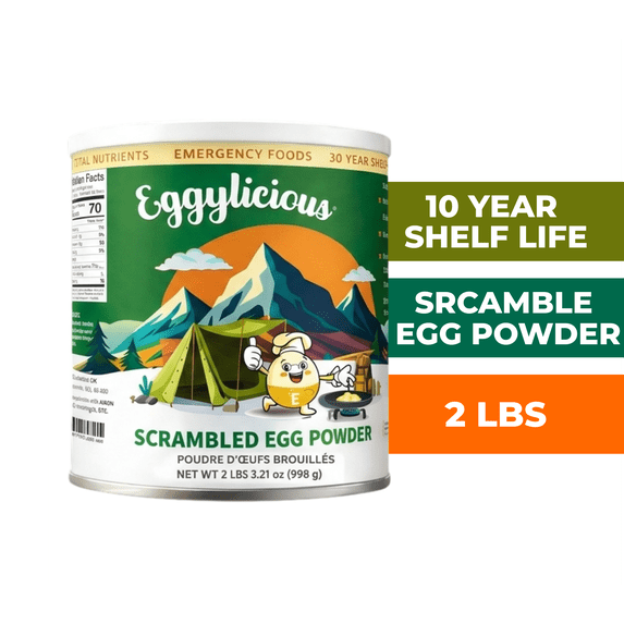 Eggylicious 10 Year Shelf Life Scrambled Egg Powder – 2 lb Dehydrated Powdered Eggs for Emergency Food Supply, Camping & Breakfast | Instant Eggs for High Protein Meals