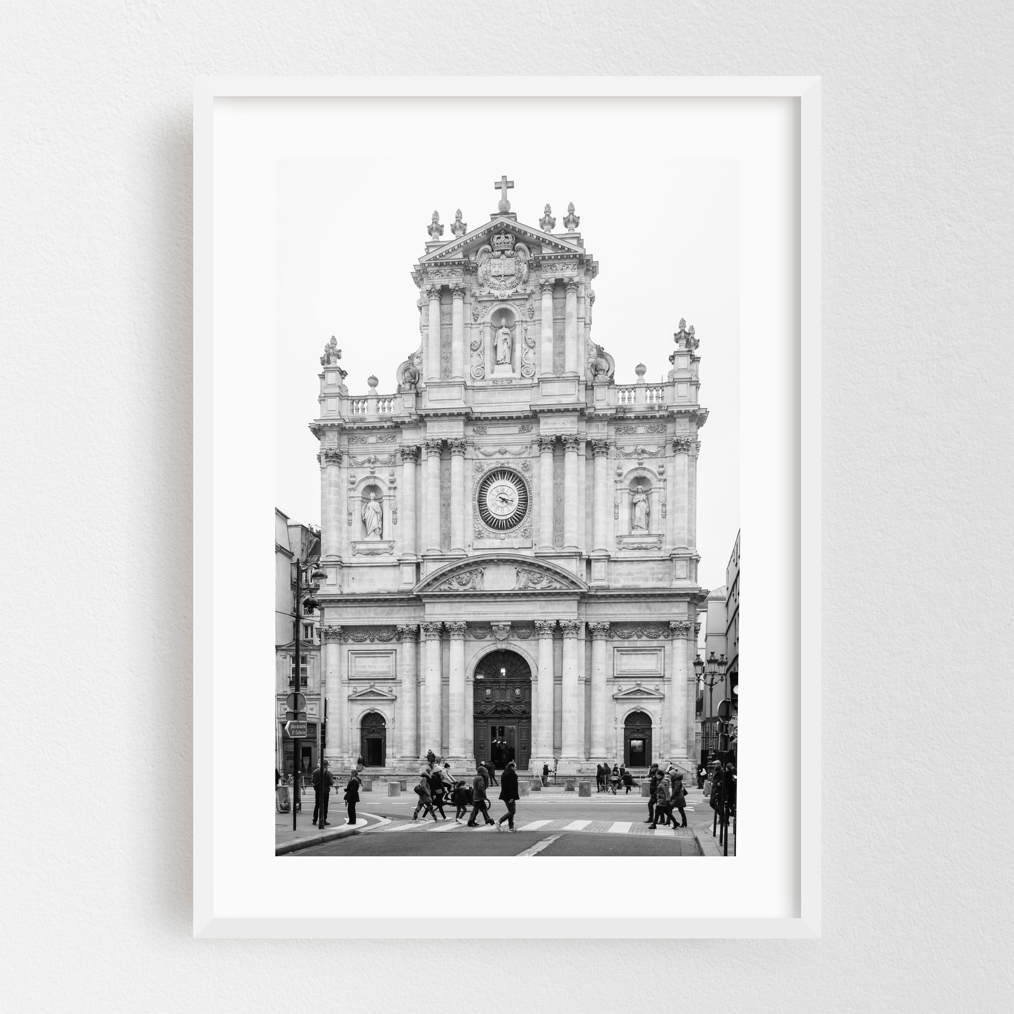 Eglise Saint-Paul-Saint-Louis B&W - Paris Île-de-France France Photography White Framed Wall Art Print 20 x 30 inches