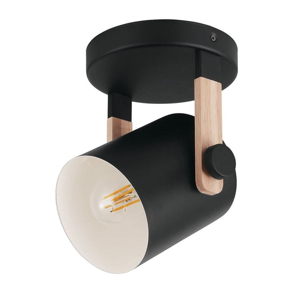 43046A Eglo Lighting Hornwood - 1-Light Semi Flush - Black. Natural Finish - Black Exterior-White Interior Metal Shade