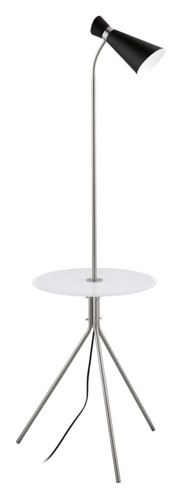 Matte Nickel Tripod Floor Lamp with White Table and Black Shade