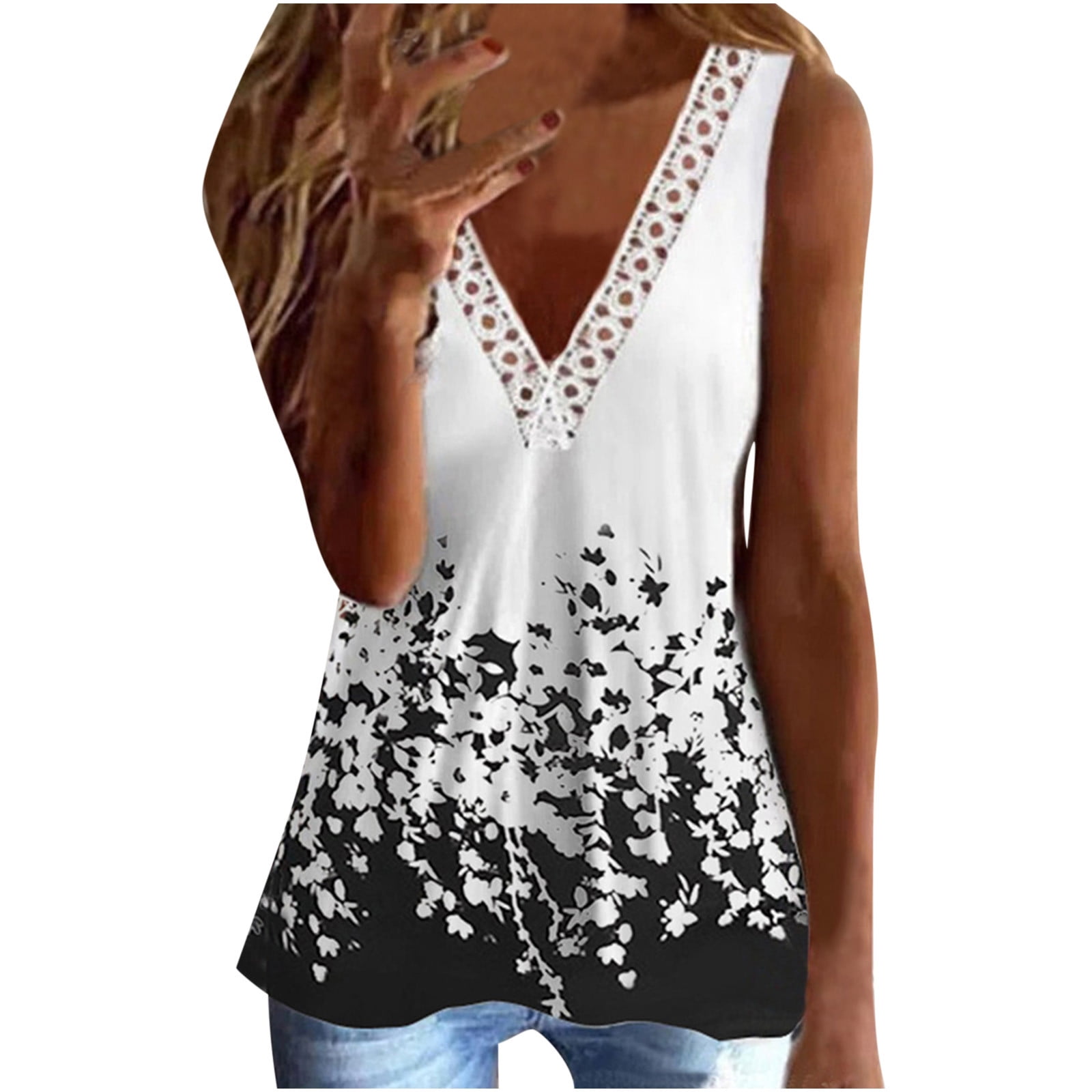 Egmy Casual Printing Women's T-Shirt V-Neck Lace Sleeveless Vest