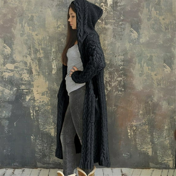 Egmy Christmas Women Winter Solid Knitted Loose Hooded Long Cardigan Sweater Pocket Coat Clearance Black XL