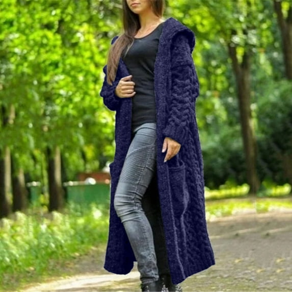 Egmy Christmas Women Winter Solid Knitted Loose Hooded Long Cardigan Sweater Pocket Coat Clearance Blue XXXXL