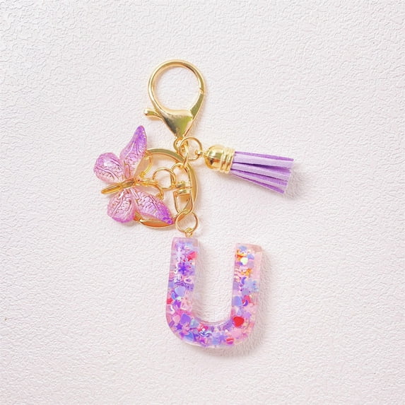 Egmy Initial Letter Keychains for Women Tassel Purple Cute Car Keychain for Wallet Backpack Bag