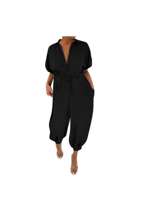 Women Leopard Print Lapel Slim Long Button Rompers Short Sleeve Jumpsuits