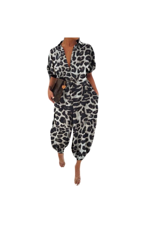 Women Leopard Print Lapel Slim Long Button Rompers Short Sleeve Jumpsuits